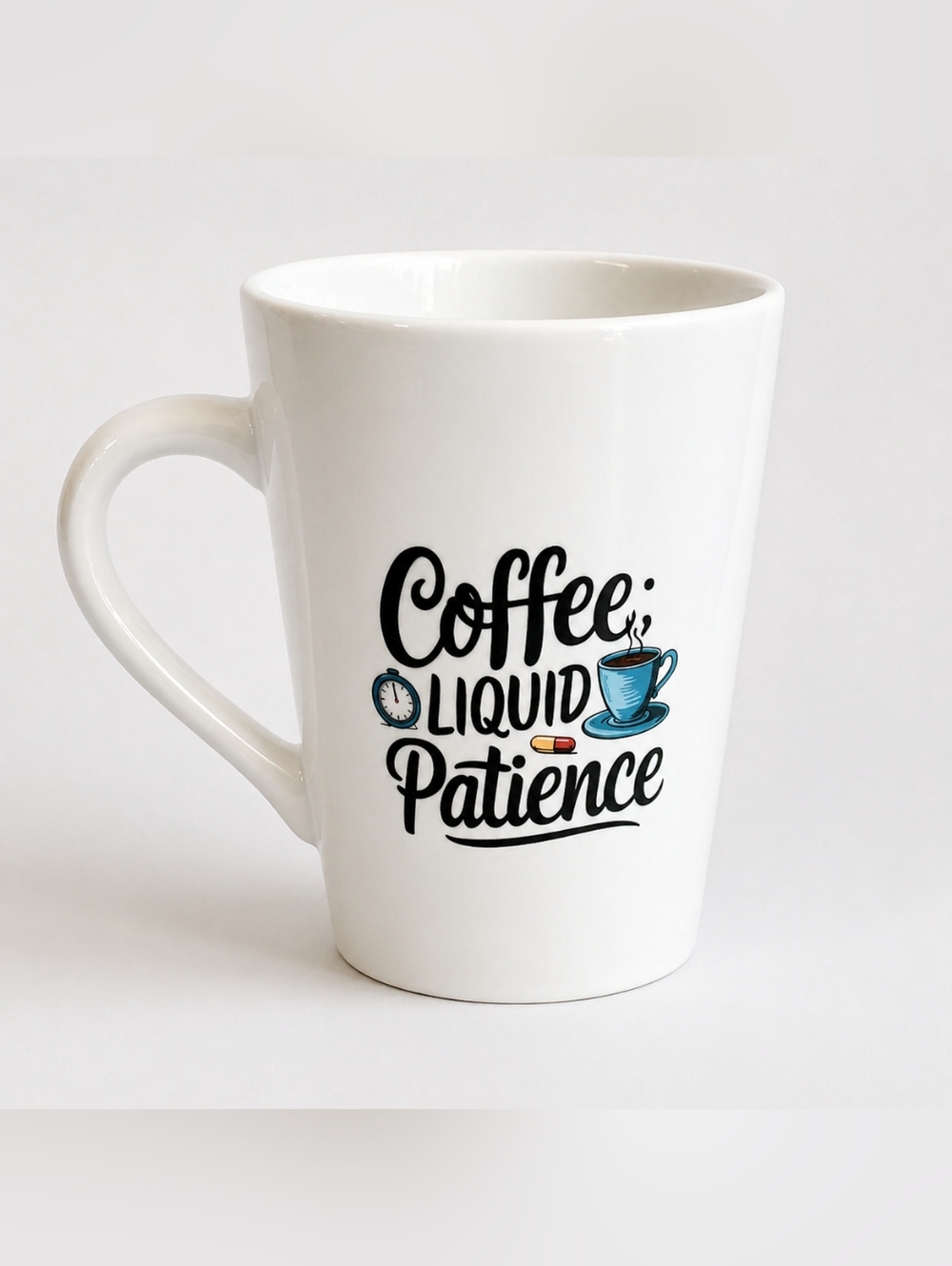 White Ceramic Coffee Mug with Blue Accent Graphics